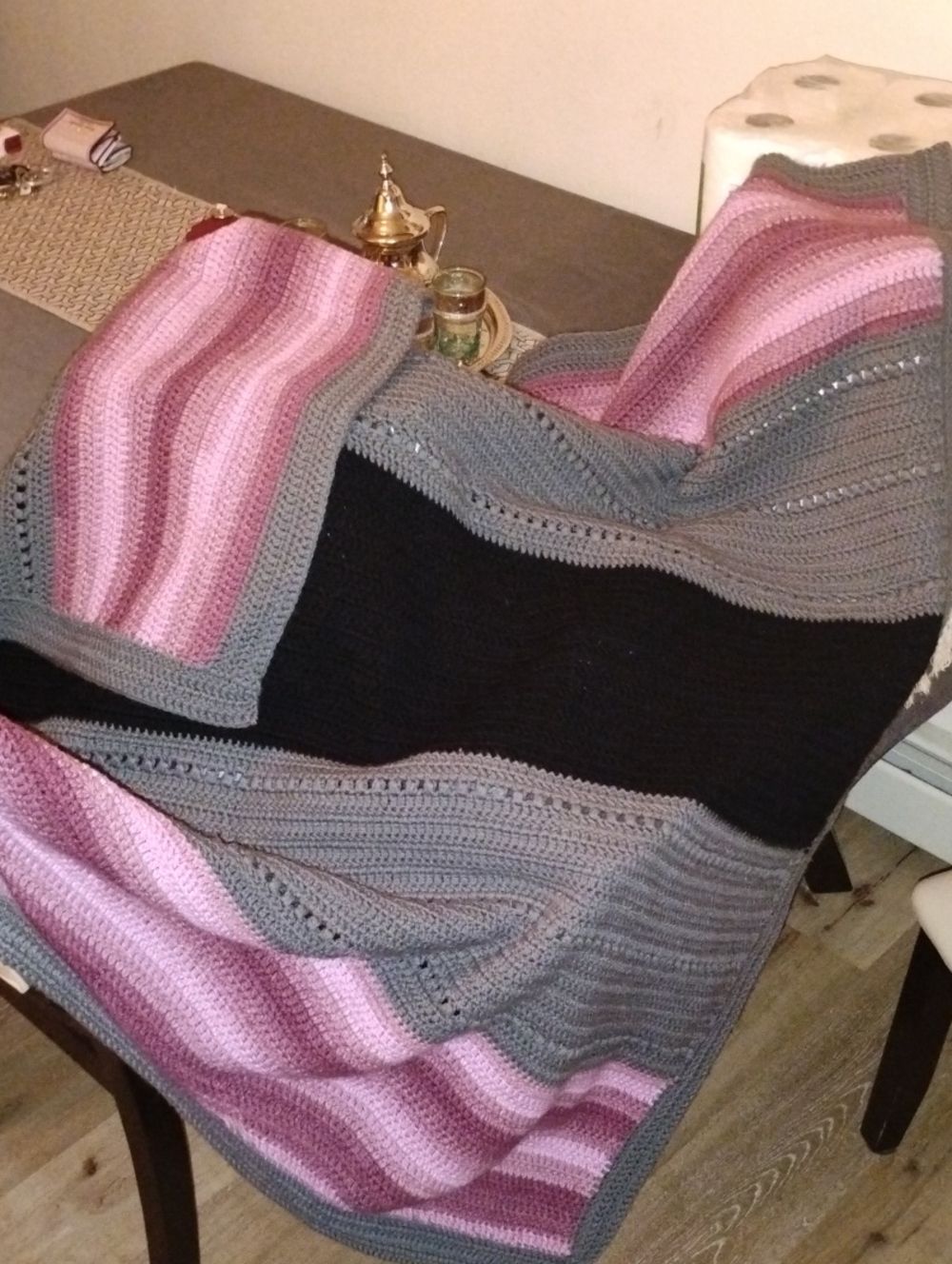 Cozy Striped Crochet Sweater - Pink, Gray & Black